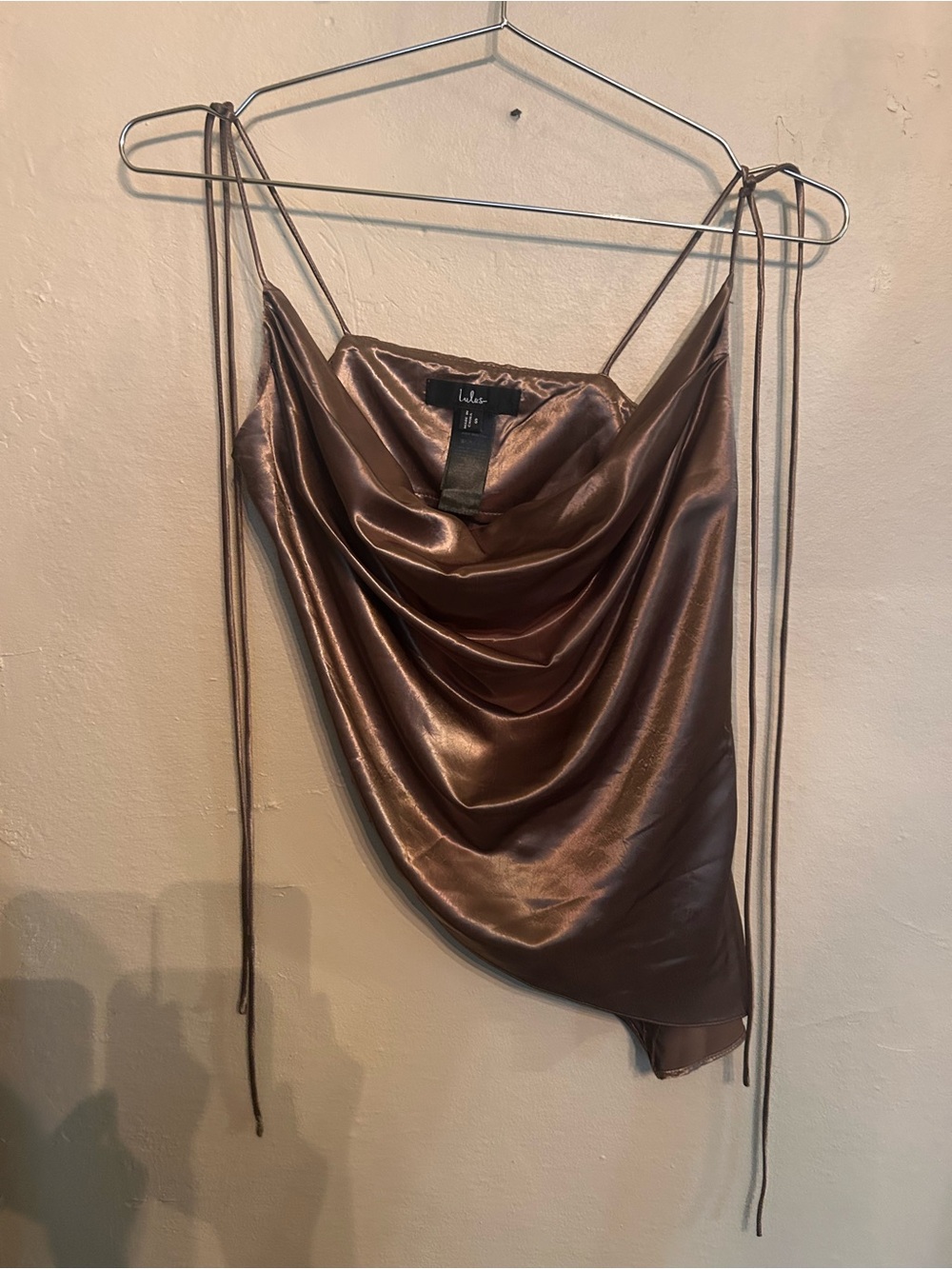 Lulu's Satin Cowl Neck Spaghetti Strap Camisole in Brown
